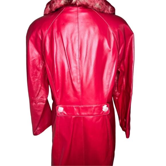 NWT Terry Lewis Classic Luxuries red leather long coat with faux fur hood - size - Picture 6 of 13